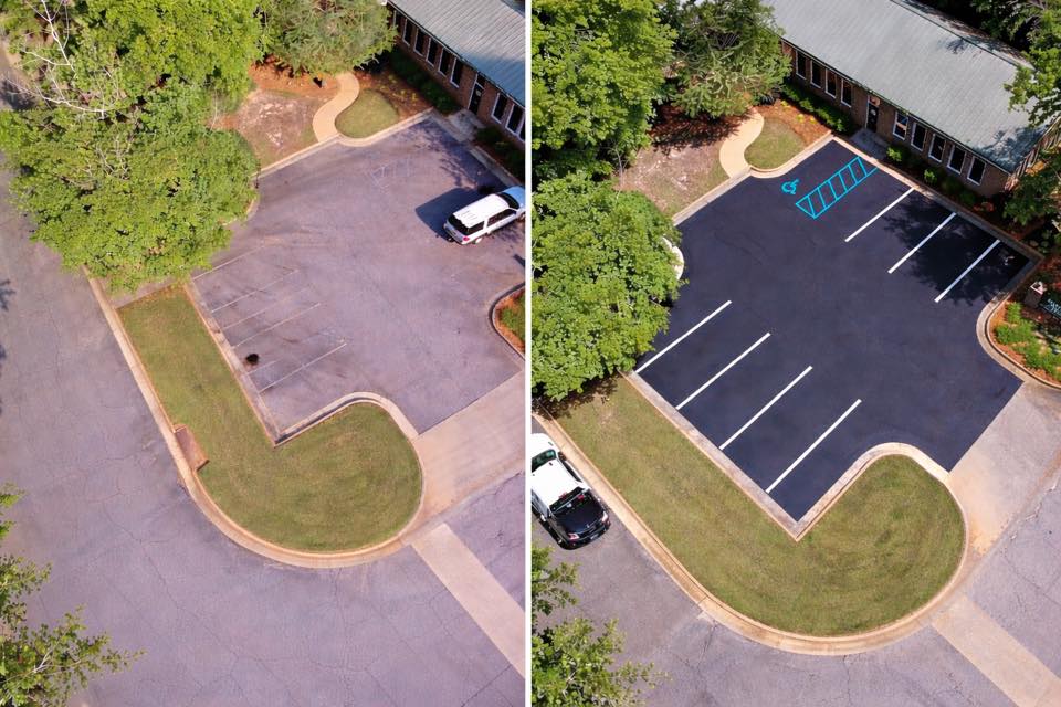 Before and after of a parking lot seal coat and restriping