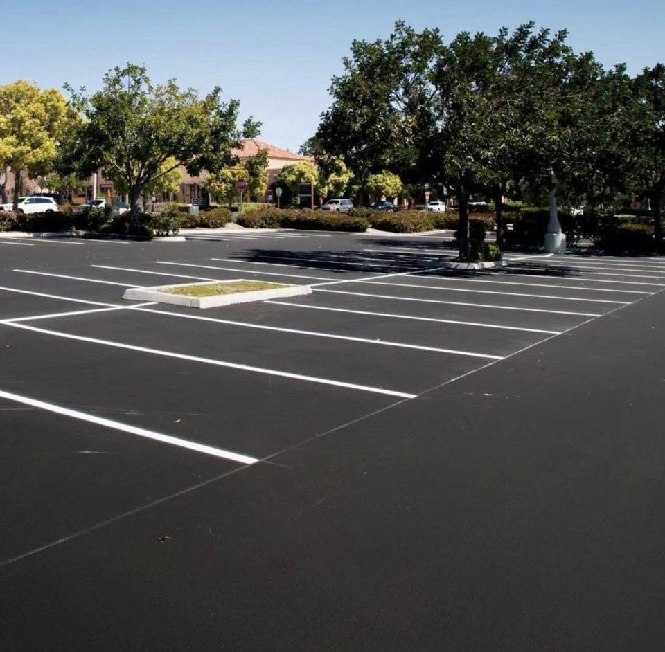 Commercial parking lot with crisp white line striping
